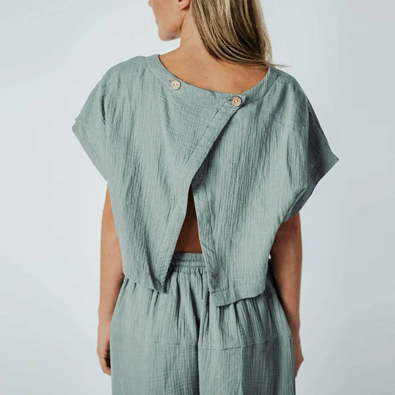 Pleated Loose Button Slit Jumpsuit